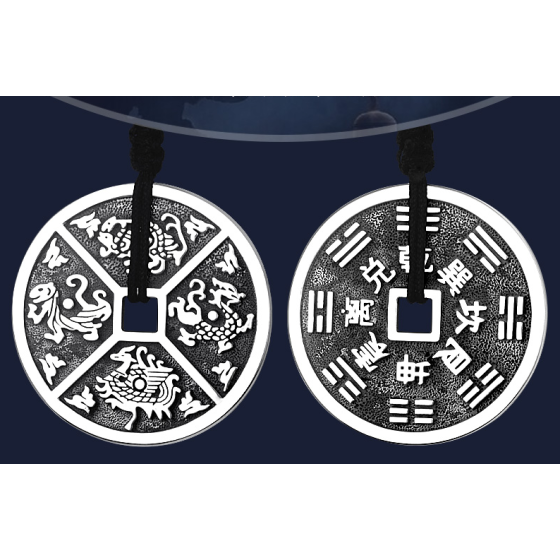 990 Pure Silver Four Divine Beasts & Bagua Talisman Pendant